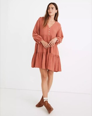 madewell lightspun mini dress Lightspun Cuff-Sleeve Button-Front Tiered Mini Dress