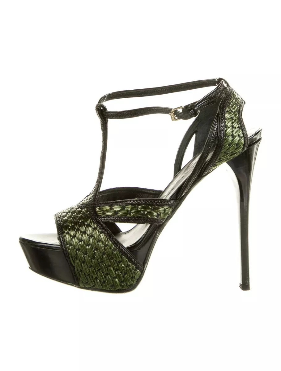 BURBERRY PRORSUM Black Green Raffia Animal Print T Strap Sandals