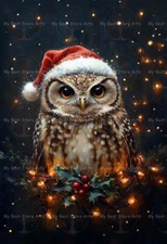 OWL SANTA HAT ART PRINT, Bird Christmas Home Decor, Winter Holiday Poster E676
