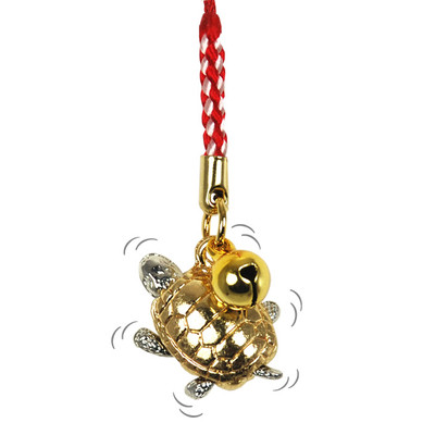 Japanese Netsuke Phone Keychain Bell Charm Gold Turtle Good Luck