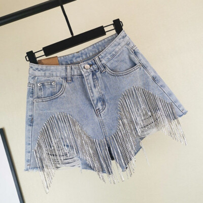 Women Mini Denim Shorts Rhinestone Crystal Tassels Fringe