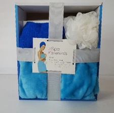 Spa Essentials Plush Towel Wrap Hair Towel Twist Loofah Gift Set Blue Bathroom 