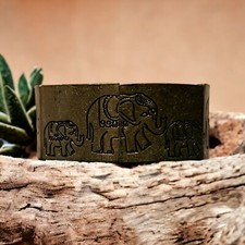 Brass Etched Stretch Bracelet Elephants All the Way Around Sitting at 7"