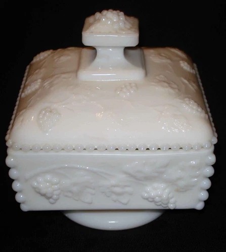 Vintage Westmoreland White Milk Glass Paneled Grape Footed Square Candy Box Dish