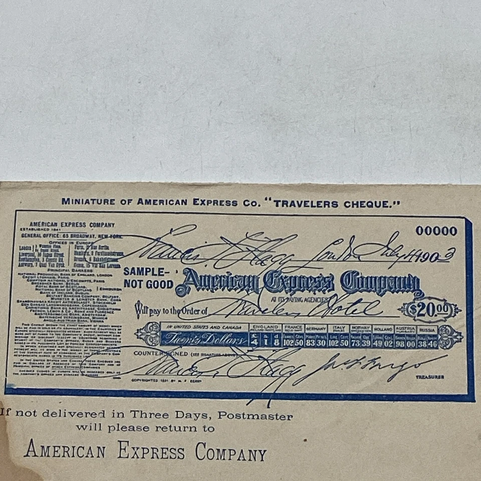 US 1903 American Express Company $20 Travelers Cheque Montgomery Vermont 2085. - Image 2 of 4
