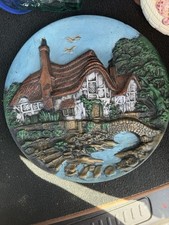 Vintage Ceramic Wall Art 3D Decorative Plate Cottage Hand painted 1960s Unique