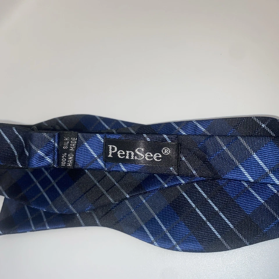 Pajarita PenSee 100 % seda para hombre - azul a cuadros - hecha a mano - corbata automática - ajustable - ¡BONITA! Foto 3 de 4