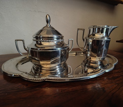 Lattiera Zuccheriera Vassoio Set 3 Pezzi in Metallo Art Nouveau Art Déco - Foto 15 di 18