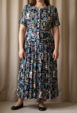 Vintage 90s Carole Little A-Line Dress Long Geometric Pastel Artsy Abstract 12