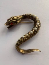 Vintage Serpent Pin  Snake Brooch Gold Tone Faux Pearl Red Rhinestone Eyes ART