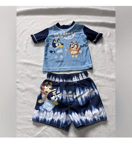 Boy's Baby Bluey 2-pc Rash Guard and Swim Trunks Swimsuit Set Size 12Month