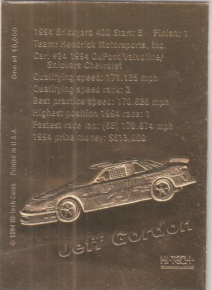 1995 Hi-Tech Brickyard 400 Gold JEFF GORDON PR 10000 - Image 2 of 2