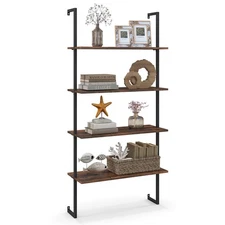 4-Tier Ladder Shelf Bookshelf Industrial Wall Shelf w/Metal Frame Rustic Brown