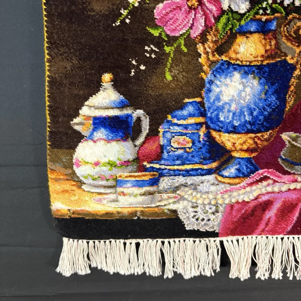 Pictorial Rug Flower Hand Knotted Tab’riz 23”x16” Cotton w/Silk 240KPSI - Image 3 of 4