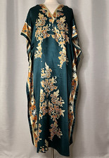 Ashro Green Gold and Orange Floral Pattern Kaftan Dress Made in Pakistan