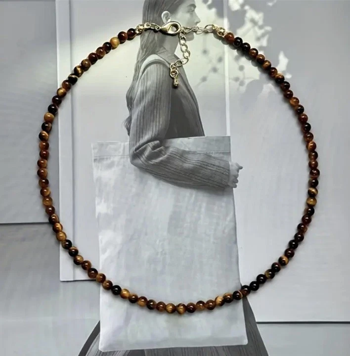 ✅ Tigerauge Edelstein Halskette 4mm Natur Stein Perlen Kette Damen Natural Boho✅ - Bild 2 von 4