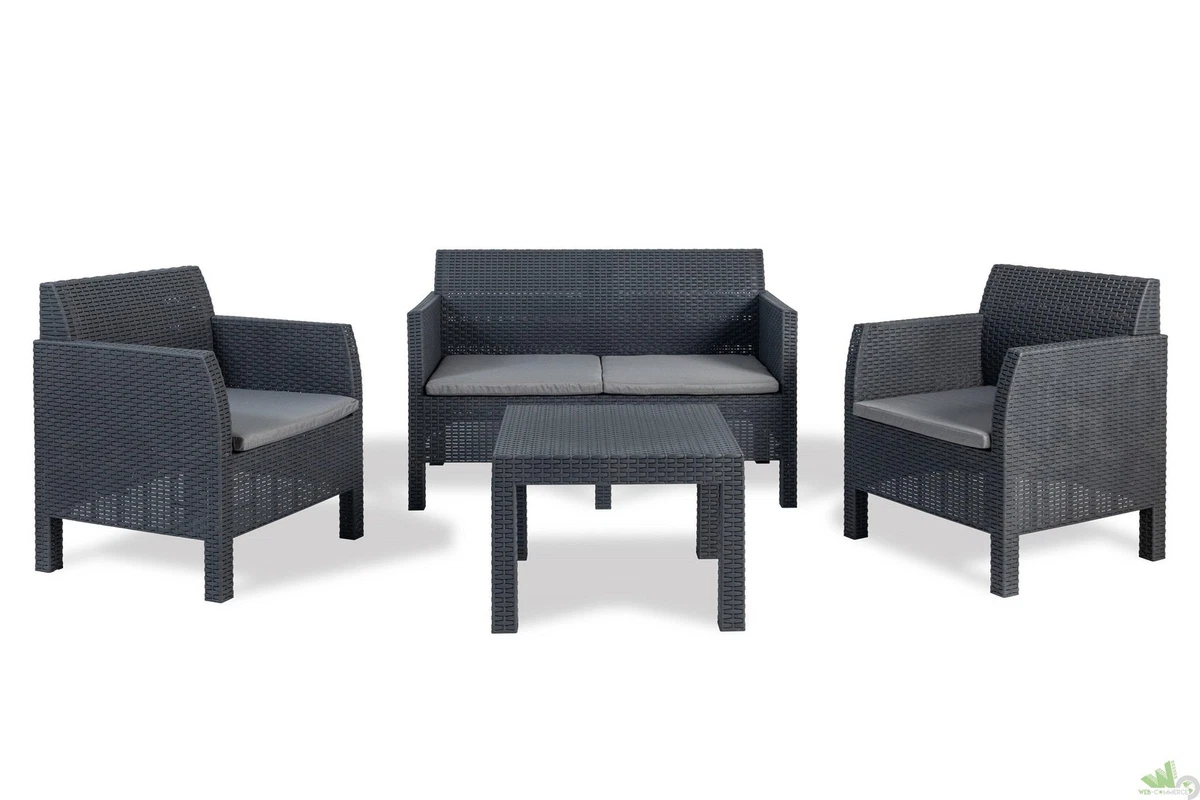 CONCEPT USINE | Set Salotto Da Giardino In Resina Per 4 Persone | Design Mykonos | Effetto Rattan Nero/grigio | Tavolino In Vetro Temperato | Resistente Alle Intemperie E Moderno