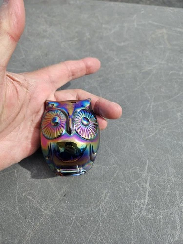 FENTON USA Glass 3" Hooty Owl Figurine Paperweight Carnival Iridescent