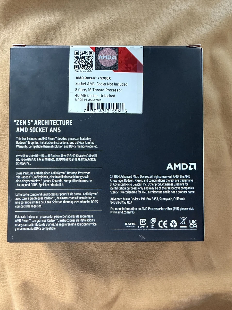 Procesador de escritorio AMD Ryzen 7 9700X 8 núcleos 16 hilos AM5 - NUEVO sellado de fábrica