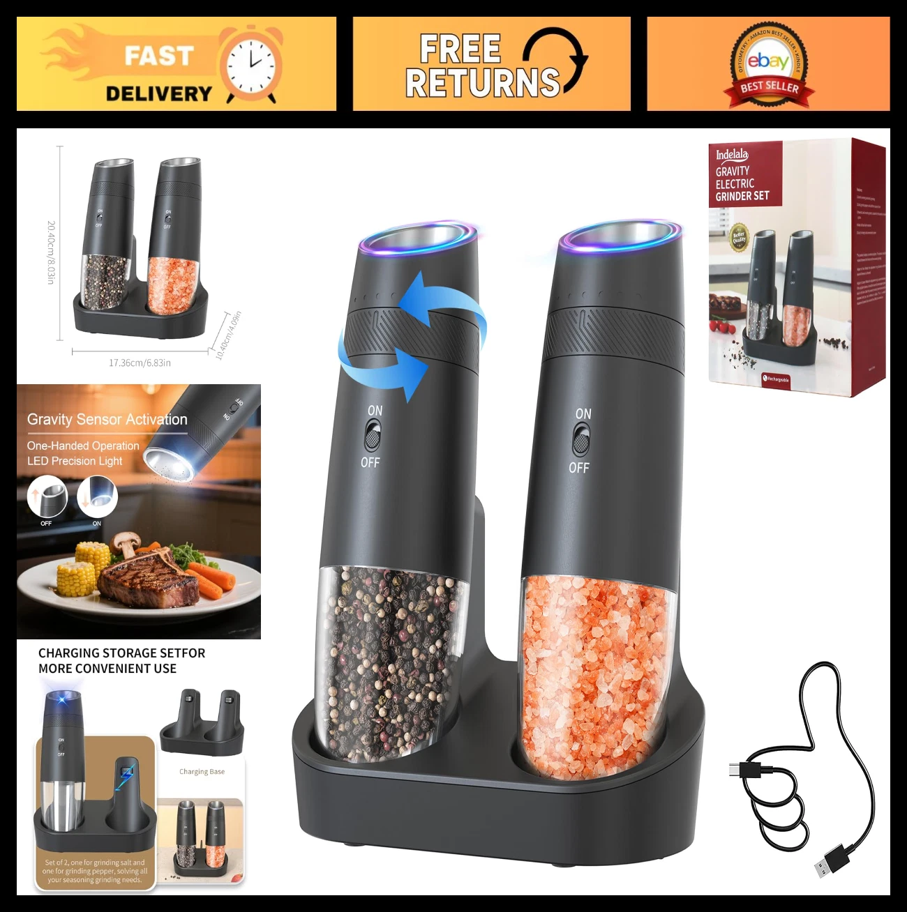 Electric Gravity Pepper & Salt Grinder Set - Automatic Adjustable Coarseness, Re