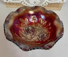 Vintage Imperial Carnival Glass  Iridescent Red Roses Ruffle Edge Bowl 7.5" X 3”