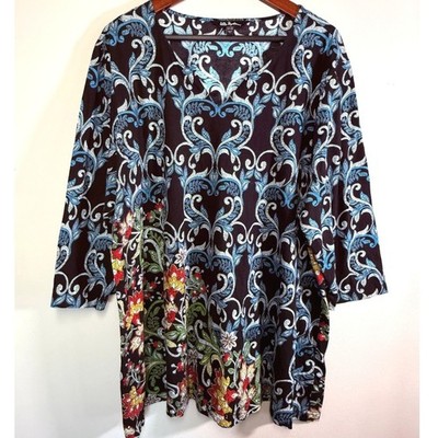 Ulla Popken Womens 20/22 Black Blue Floral Damask Cotton Tunic Boho Top