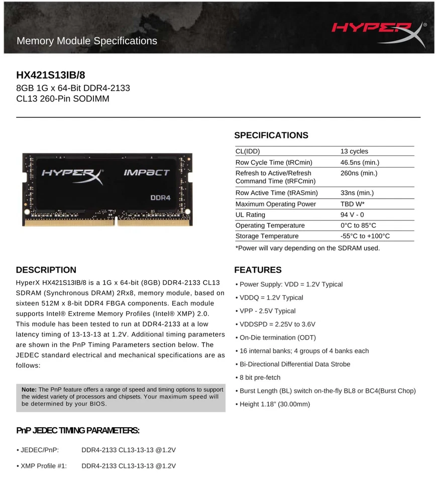 8GB DDR4 2133MHz HX421S13IB/8 Laptop Memory SODIMM RAM HyperX Impact - Image 3 of 3