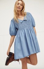 Free People Paige Playful Denim Cotton Smocked Mini Dress Sz S
