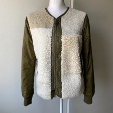 Mother Jacket Size Small Sherpa Quilted Back White Pockets Coat Faux Fur Zip Up
