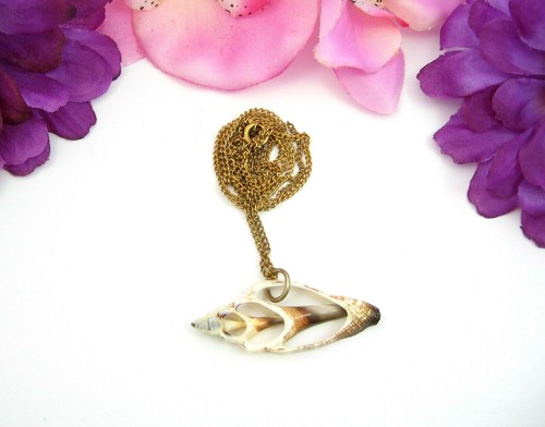 SLICE of a SEASHELL Sea Shell PENDANT Vintage Necklace Ocean Goldtone 24" Chain - Picture 4 of 10