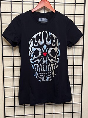 Silver Shiny Skull w/tiny heart. Black T Women's Fashion Lg Art by Bradley Beard