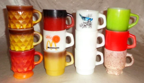 Fire King White Stacking Coffee Mugs ~McDonalds Bird, Kimberly,Green Red Speckle