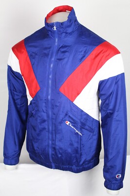 Champion Men's Retro Nylon Warm Up Jacket Full Zip M Medium Blue /Red/White