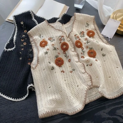 Womens Crochet Knit Vest Tank Top Embroidery Floral Waistcoat Ethnic Retro Gilet - Image 1 of 4