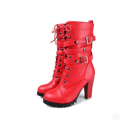 Womens Rivet Block Heel Mid Calf Buckle Lace Up Zipper Motor Boots Plus Size - Picture 17 of 17