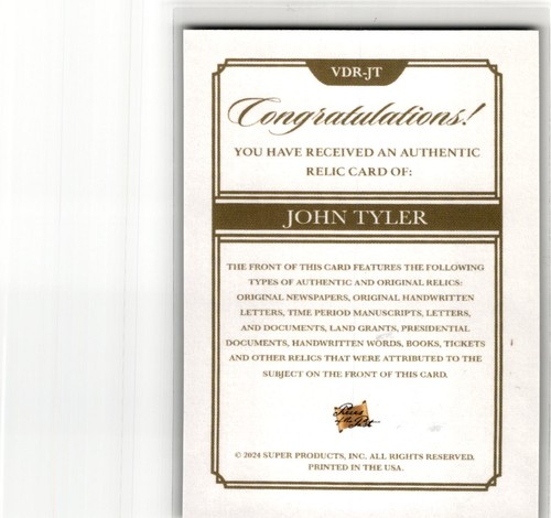 Pieces of the Past Relic Card Handwritten John Tyler - Picture 2 of 2