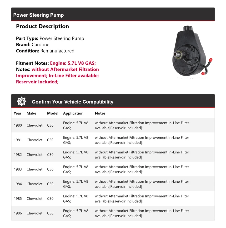For 1980-1986 Chevrolet C30 5.7L V8 GAS Power Steering Pump Cardone 1981 1982 - Image 2 of 4