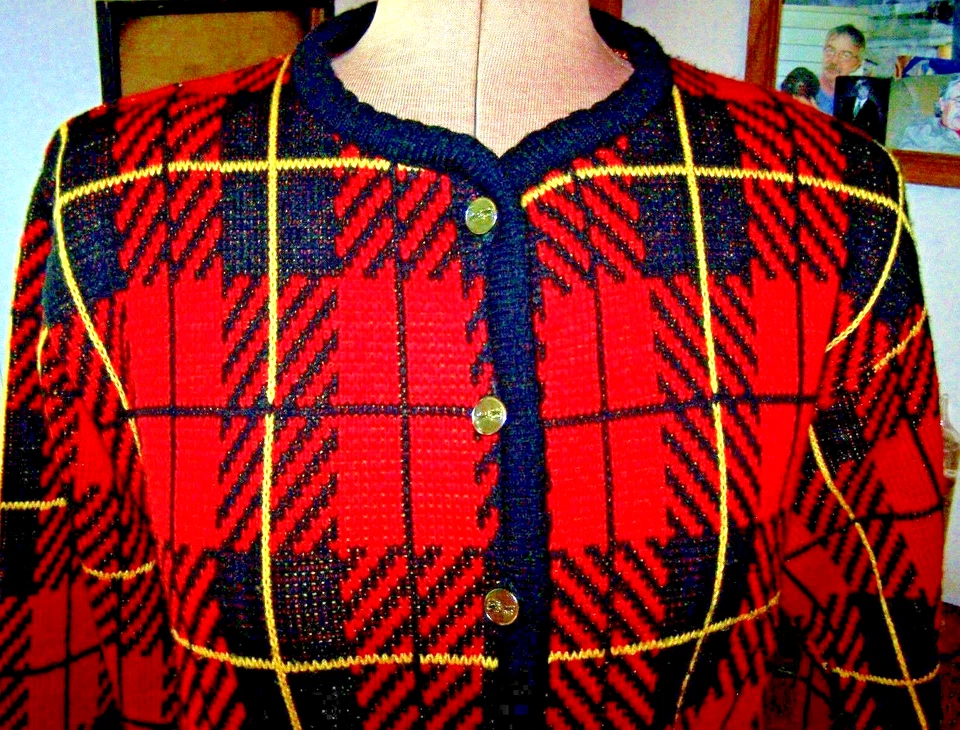 Chaqueta Suéter CASUAL CORNER Roja Negra Amarilla Acrílico A CUADROS con Botones/Talla M Foto 4 de 4