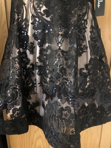 NWT Lulus Love Eternal Black Sequin Skater Dress Beige Underlay Size Medium - Picture 9 of 12
