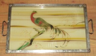 Vintage Art Deco Glass Serving Tray Peacock On A Branch w/Metal Frame 16 3/4 x11