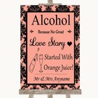 Coral Damask Alcohol Bar Love Story Personalised Wedding Sign