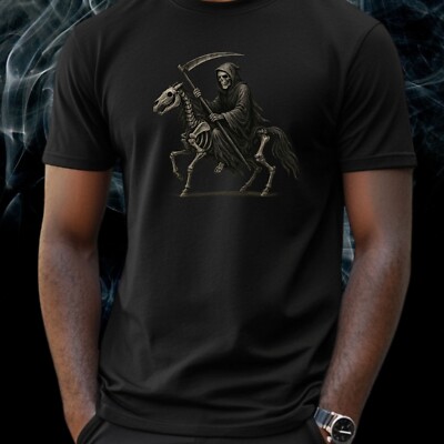 Mens Grim Reaper and Skeleton Horse Print Cotton T-Shirt Size S to 5XL