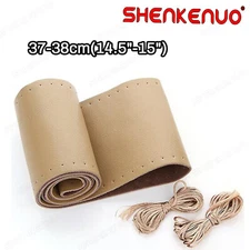 Beige Genuine Leather Steering Wheel Cover Wrap Sew-on 38CM DIY Kit For All Car