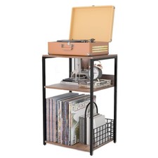 3Tier Record Player Stand Metal End Table Storage 100 Album Vinyl Shelf Brown
