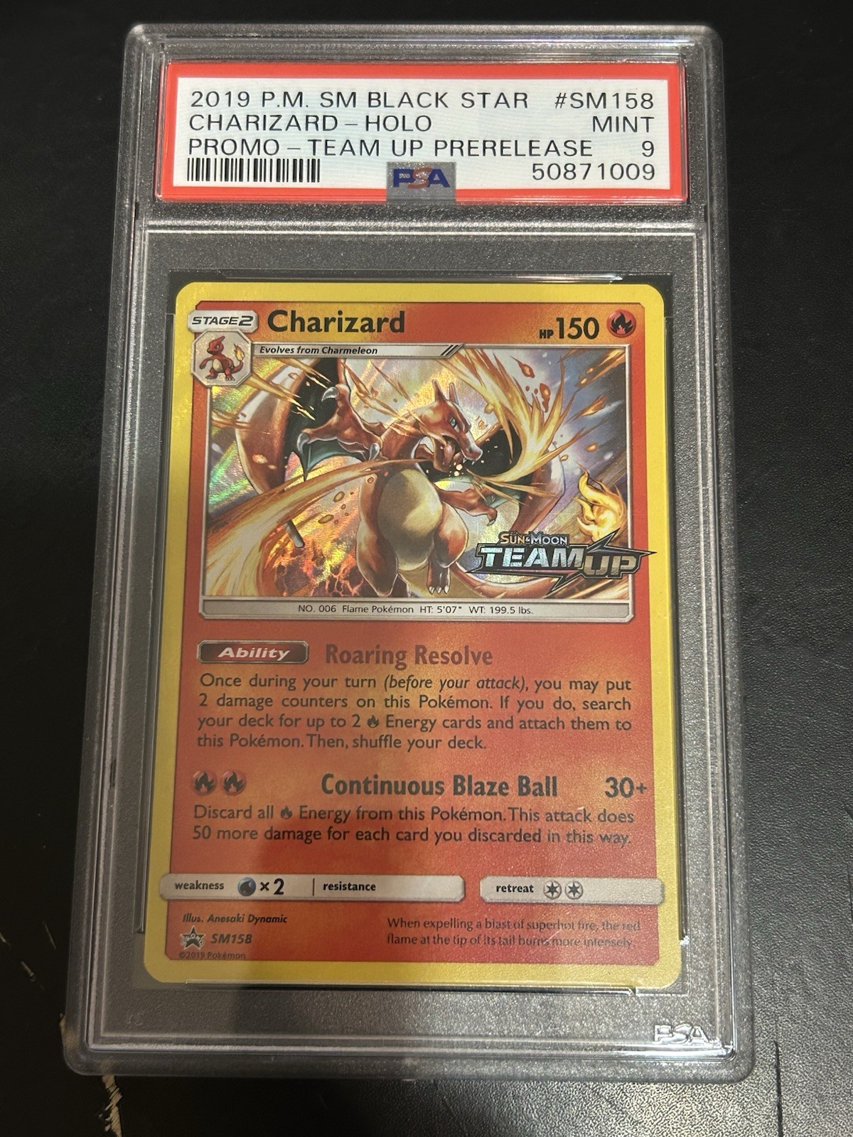 2019 POKEMON SM BLACK STAR PROMO TEAM UP PRERELEASE #SM158 CHARIZARD-HOLO PSA 9
