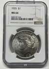 1925 Peace Silver Dollar $1 NGC MS64 BU Mint State Coin Nice! Fresh Clean Slab
