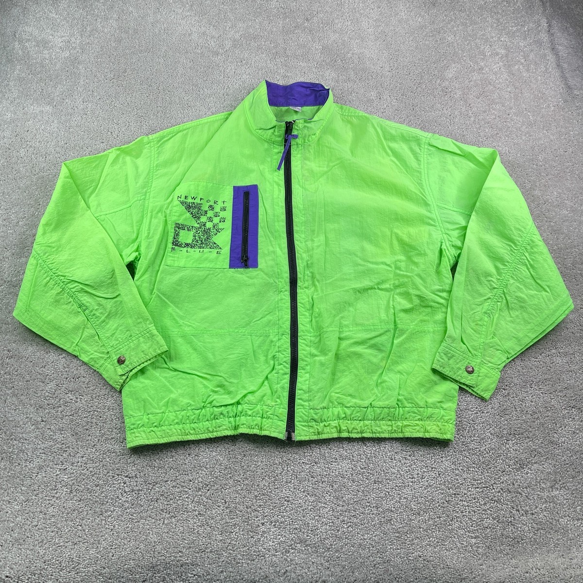 Vintage Newport Blue Jacket Mens Large Neon Green Windbreaker Full