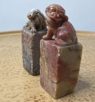 2 Carved Stone Foo Dog Guardian Lion Chinese Stamps Seals