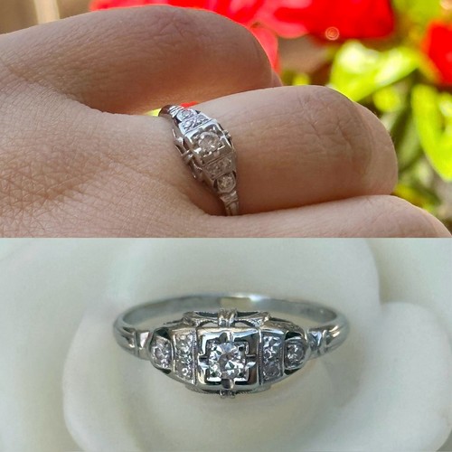 Anello di fidanzamento antico oro bianco 18 kt diamanti art deco vintage misura 7 - Foto 2 di 11