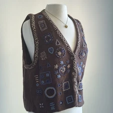 Vintage Brown Blue Cottage Core Grandma Vest Women’s XL Knit Patches Whimsical